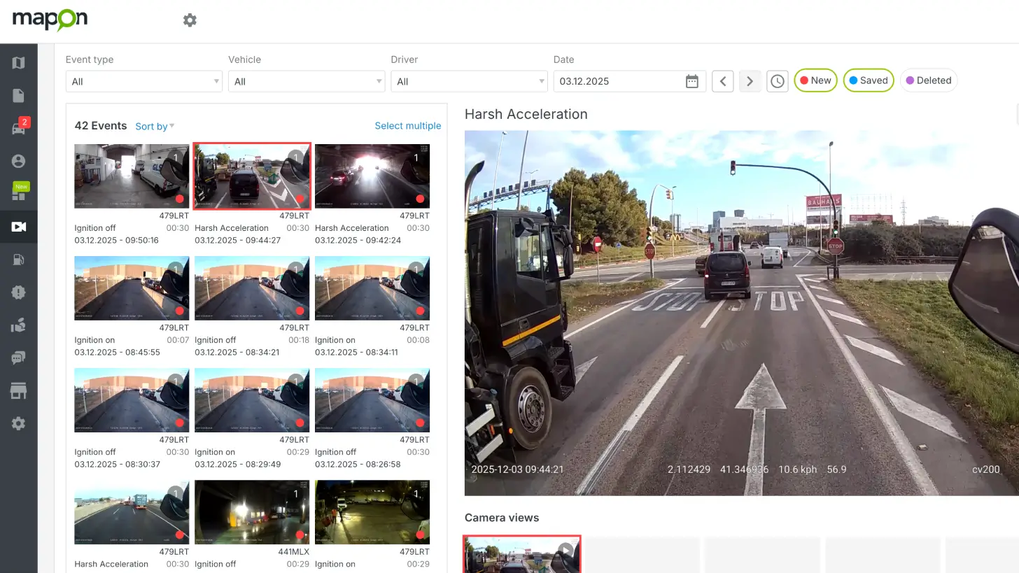 Cameras automatically capture and save events like harsh braking or cornering. You can find the recordings in the camera section under Events, filter them by date, driver, vehicle and event type.