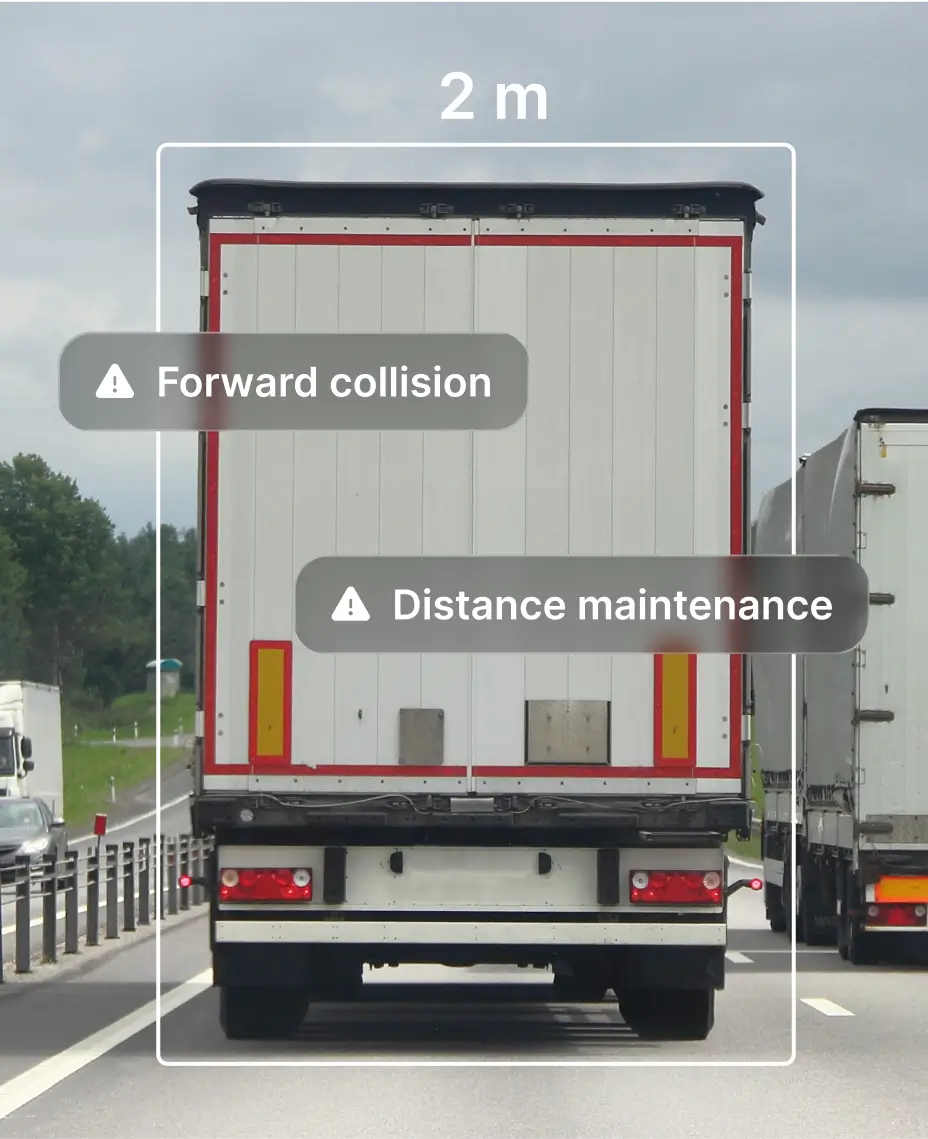AI video telematics system detecting forward collision risk and unsafe following distance between trucks on highway using ADAS camera technology.