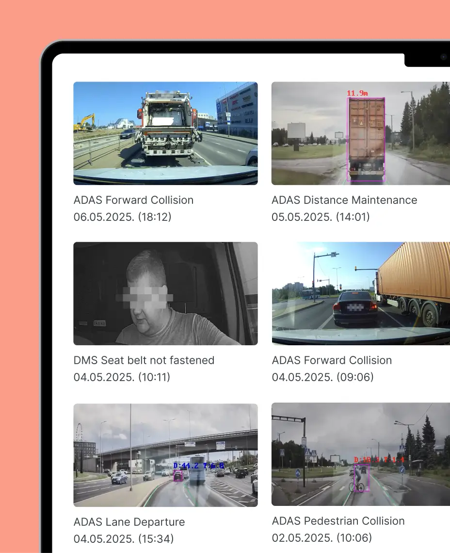 AI video telematics dashboard displaying ADAS alerts, lane departure, collision warnings, and driver monitoring events.