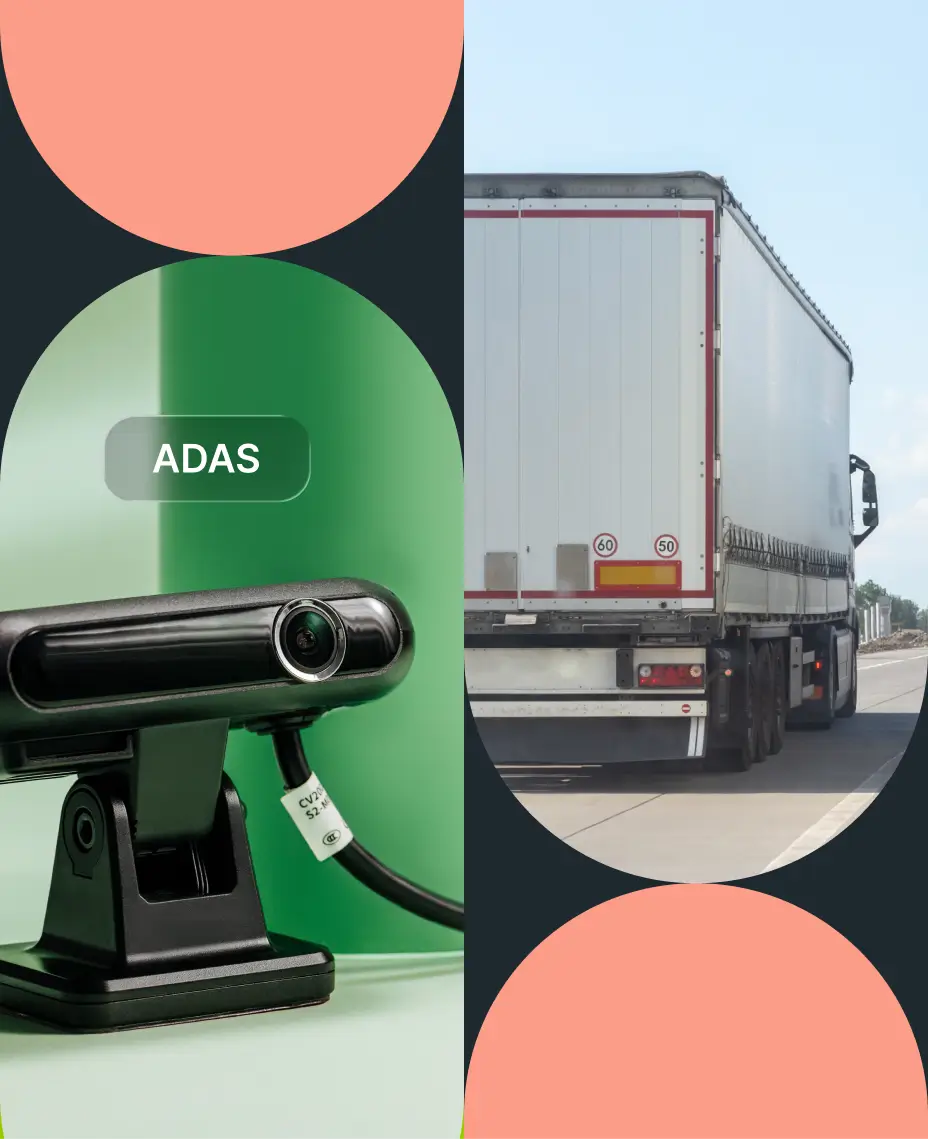 AI fleet camera with ADAS technology for video telematics, shown next to a truck driving on highway.
