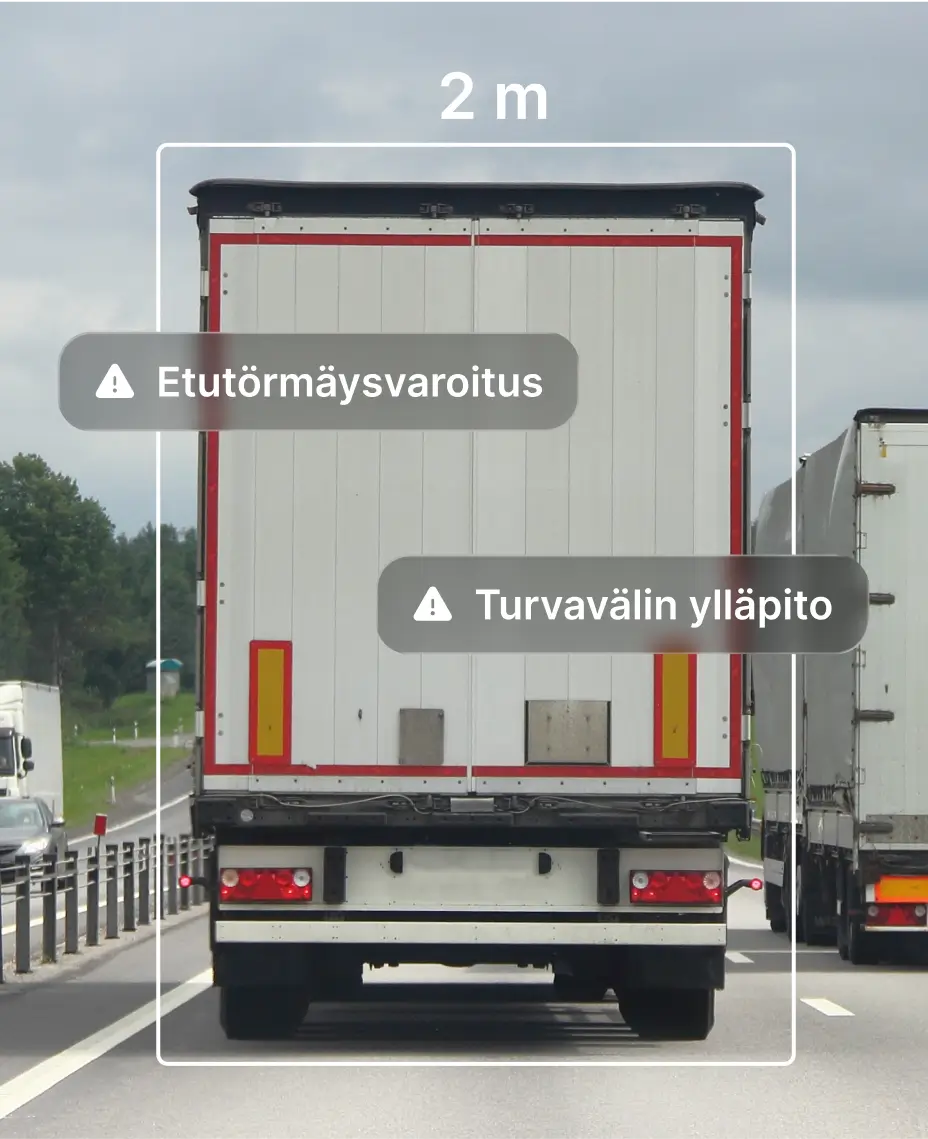 Tekoälyyn perustuva videotelematiikkajärjestelmä, joka havaitsee ADAS-kameratekniikan avulla etutörmäysriskin ja liian lyhyen turvavälin kuorma-autojen välillä moottoritiellä.