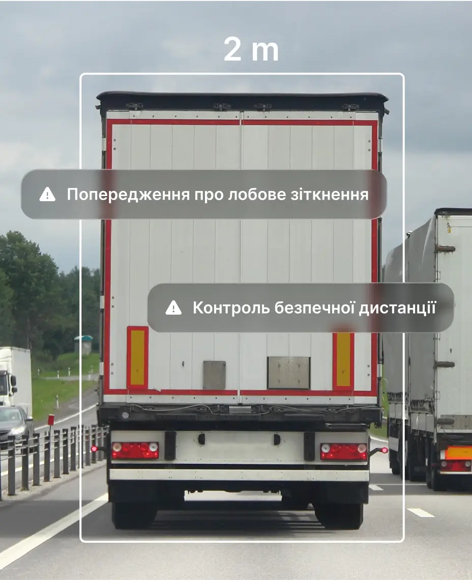 Система відеотелематики на основі штучного інтелекту з технологією ADAS визначає ризик лобового зіткнення та небезпечну дистанцію між вантажівками на трасі.