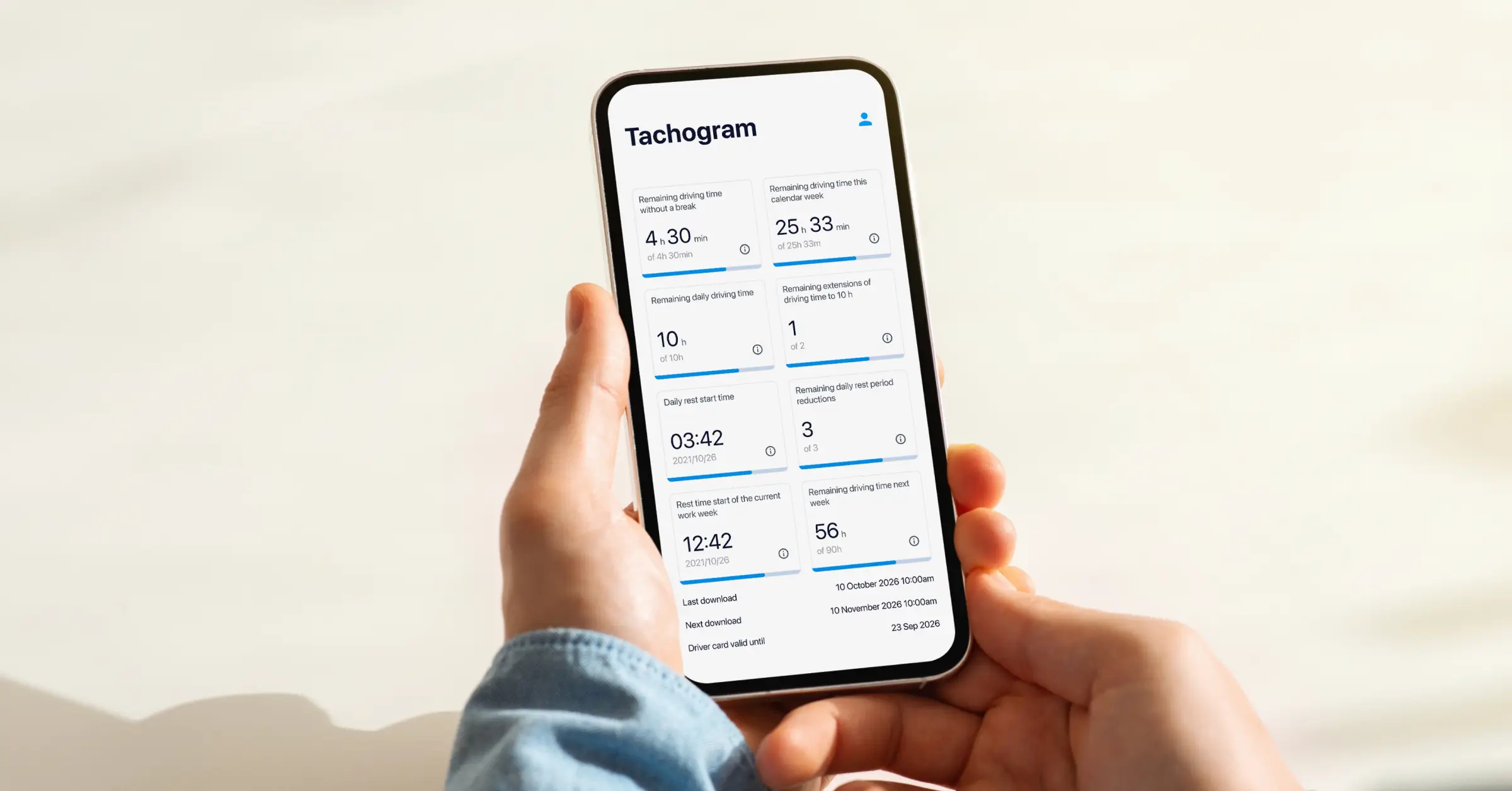 Tachogram-mobiilisovellus kuljettajille näyttää kaikki ajo- ja lepoaikatiedot.