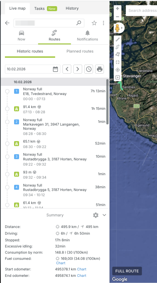 Mapon route history showing past drives