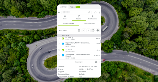 Mapon route history showing past drives