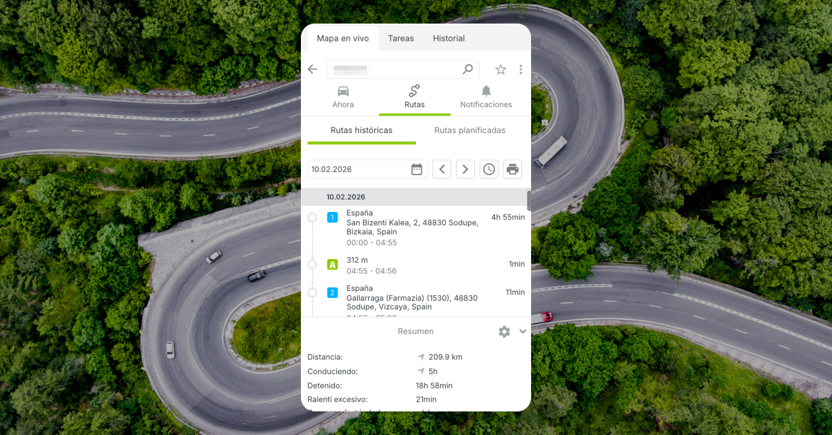Historial de rutas de Mapon mostrando viajes pasados