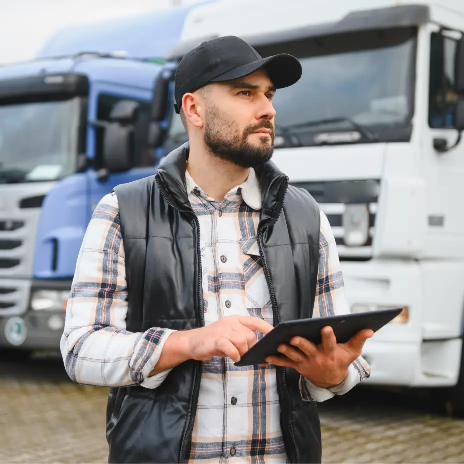Fleet manager standing in front of a truck fleet.