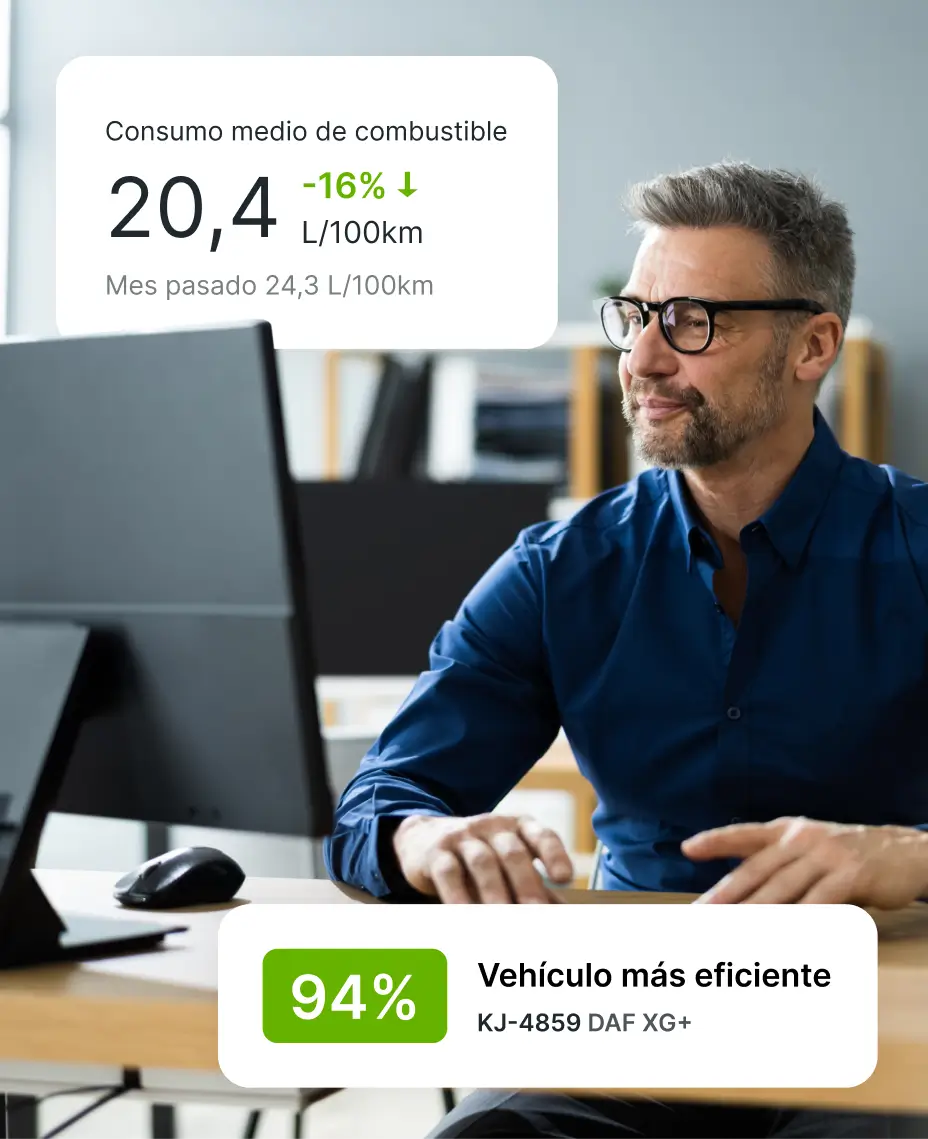 El gestor de flotas revisando datos de una gran flota en su ordenador.