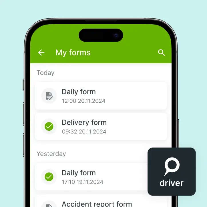 Mobilvisning af Mapon flådeadministrationssoftwareformularer, hvor chauffører kan indsende daglige rapporter, leveringsopdateringer og ulykkesformularer direkte fra appen.