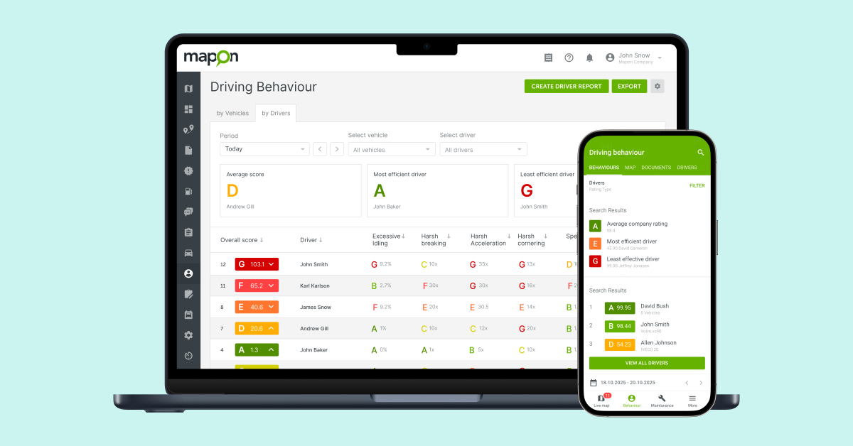 Driving behaviour metrics in Mapon fleet management system and apps