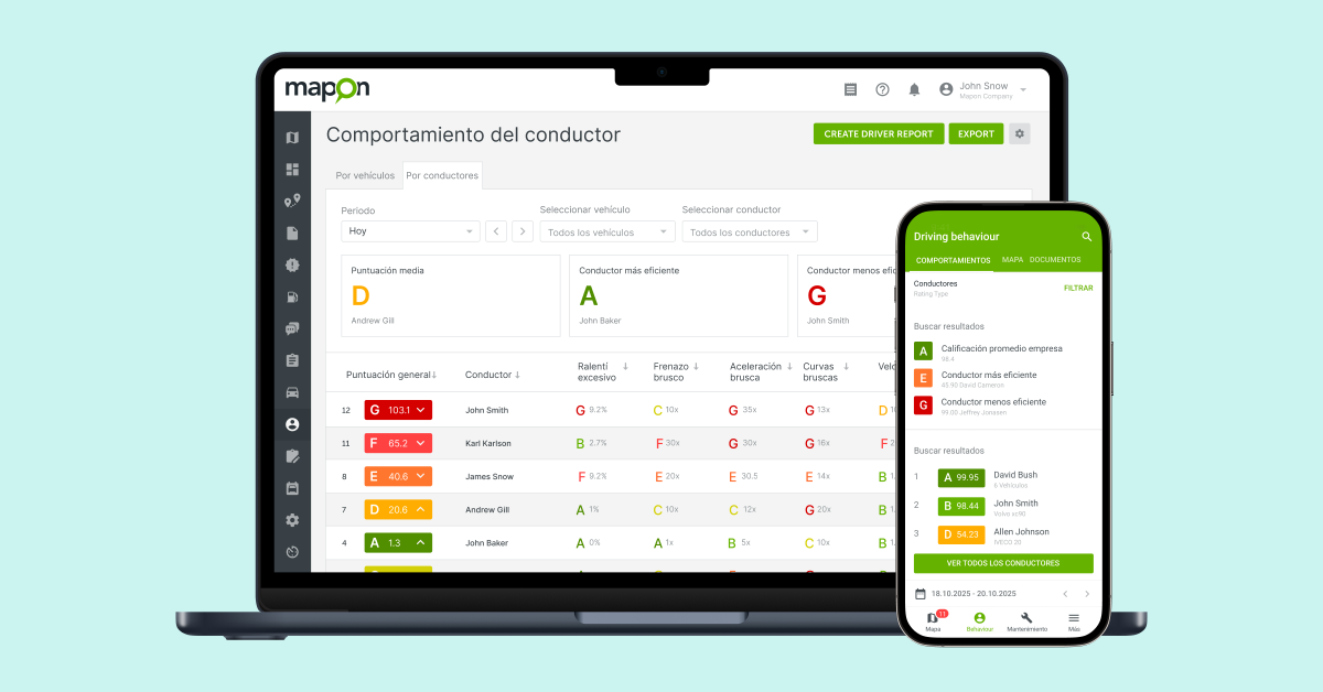 Métricas de comportamiento de conducción en el sistema y las aplicaciones de gestión de flotas de Mapon