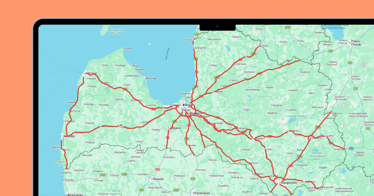Karte, kurā redzami visi Latvijas maksas ceļi kravas transportam.